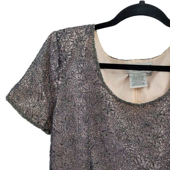 Vintage Adrianna Papell Formal Silk Beaded Short Sleeve Blouse 10P Gray Overlay - Picture 5 of 11